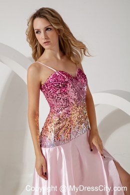 Baby Pink Straps Celebrity Dresses Brush Train Sequin with High Slit