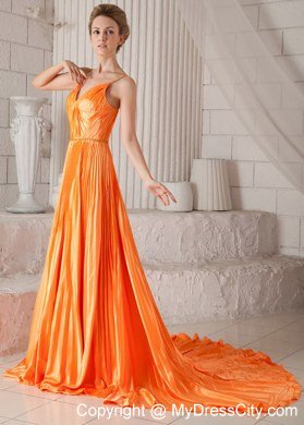 Spaghetti Straps Prom Dress Orange Red with Court Train