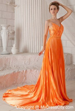 Spaghetti Straps Prom Dress Orange Red with Court Train