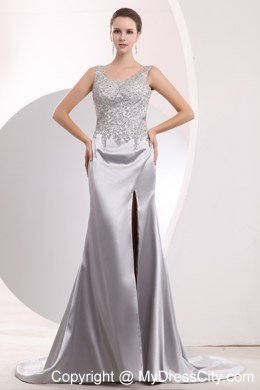 Sliver Scoop Taffeta Beading Prom Dress with Brush Train