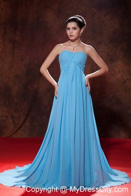 Aqua Blue Strapless Evening Dress with Court Tain Ruches