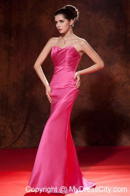 Hot Pink Mermaid Strapless Prom Dress with Brush Train Ruches