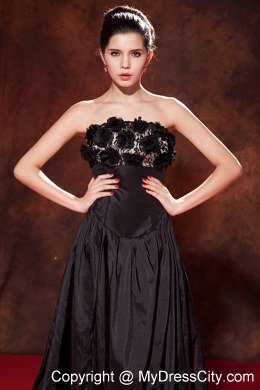 Black Strapless Prom Dress Tea-length Taffeta Hand Made Flowers