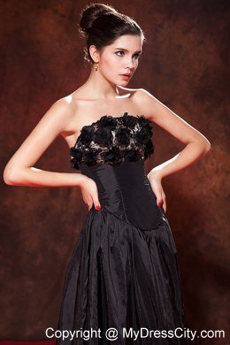 Black Strapless Prom Dress Tea-length Taffeta Hand Made Flowers