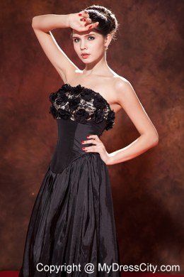 Black Strapless Prom Dress Tea-length Taffeta Hand Made Flowers