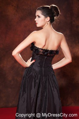 Black Strapless Prom Dress Tea-length Taffeta Hand Made Flowers