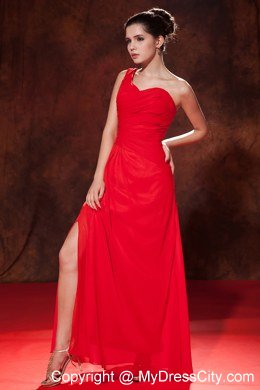 Red One Shoulder Ruched Bridesmaid Dress Floor-length Chiffon