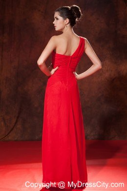 Red One Shoulder Ruched Bridesmaid Dress Floor-length Chiffon