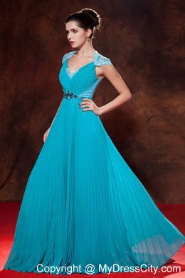 V-neck Beaded Prom Dress Elegant Teal Floor-length Chiffon