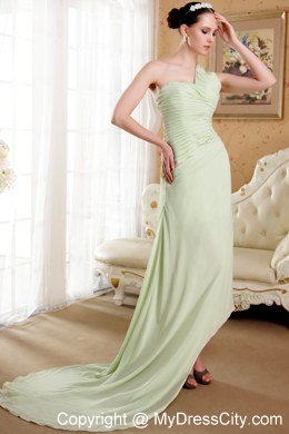 One Shoulder Brush Train Ruched Prom Dress Yellow Green