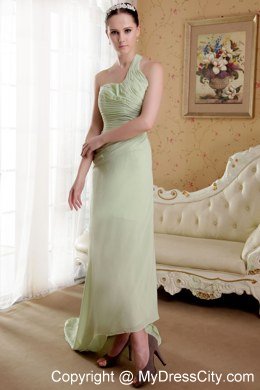 One Shoulder Brush Train Ruched Prom Dress Yellow Green