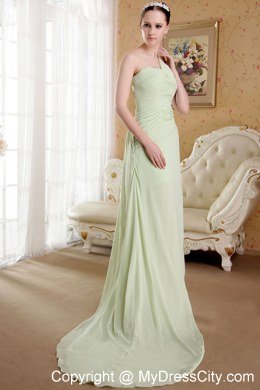 One Shoulder Brush Train Ruched Prom Dress Yellow Green