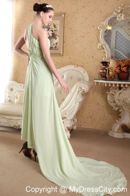 One Shoulder Brush Train Ruched Prom Dress Yellow Green