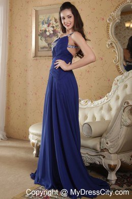 Blue One Shoulder Prom Dress with Beading Brush Train