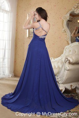 Blue One Shoulder Prom Dress with Beading Brush Train