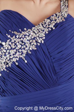 Blue One Shoulder Prom Dress with Beading Brush Train