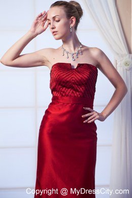 Wine Red Strapless Prom Dress with Beading Brush Train