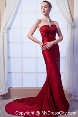 Wine Red Strapless Prom Dress with Beading Brush Train