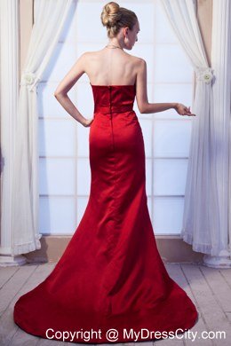 Wine Red Strapless Prom Dress with Beading Brush Train