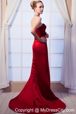 Wine Red Strapless Prom Dress with Beading Brush Train