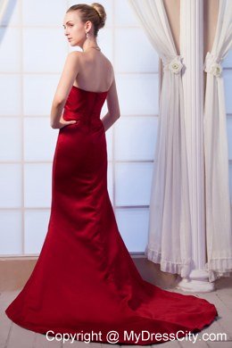 Wine Red Strapless Prom Dress with Beading Brush Train