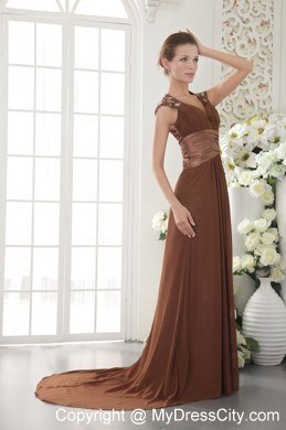 V-neck Brush Train Chiffon Brown Prom Dress with Beading