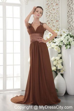 V-neck Brush Train Chiffon Brown Prom Dress with Beading