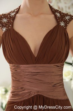 V-neck Brush Train Chiffon Brown Prom Dress with Beading