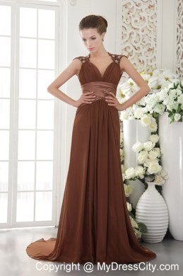 V-neck Brush Train Chiffon Brown Prom Dress with Beading