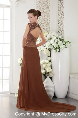 V-neck Brush Train Chiffon Brown Prom Dress with Beading