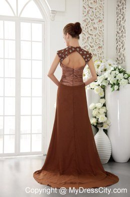 V-neck Brush Train Chiffon Brown Prom Dress with Beading