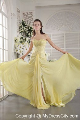 Beaded Sweetheart Prom Dress Brush Train Light Yellow