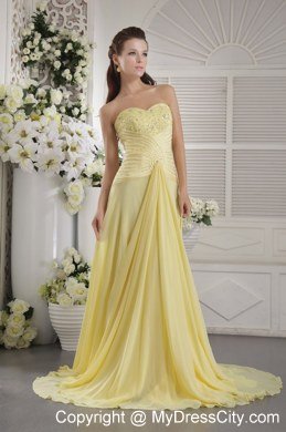 Beaded Sweetheart Prom Dress Brush Train Light Yellow