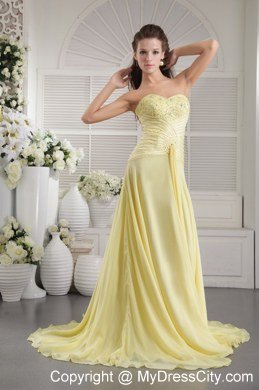 Beaded Sweetheart Prom Dress Brush Train Light Yellow