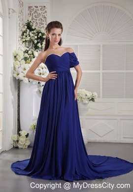 One Shoulder Brush Train Zipper Back Prom Dress Blue