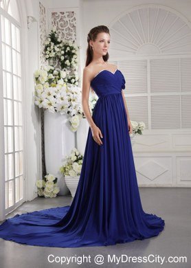 One Shoulder Brush Train Zipper Back Prom Dress Blue