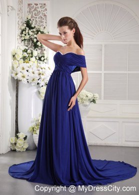 One Shoulder Brush Train Zipper Back Prom Dress Blue