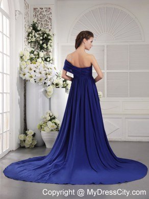 One Shoulder Brush Train Zipper Back Prom Dress Blue