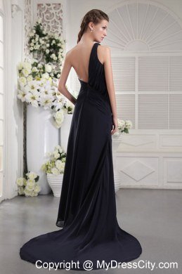 Black One Shoulder Brush Train Prom Dress with Cool Back