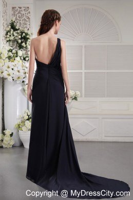 Black One Shoulder Brush Train Prom Dress with Cool Back