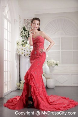 Sweetheart Court Train Appliques Coral Red Prom Dress