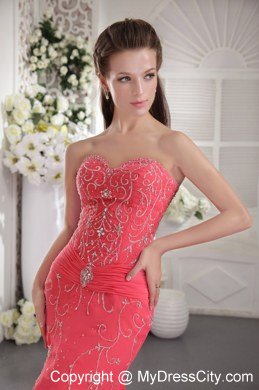 Sweetheart Court Train Appliques Coral Red Prom Dress