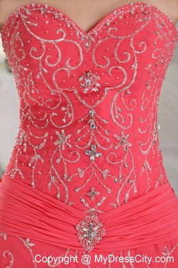 Sweetheart Court Train Appliques Coral Red Prom Dress