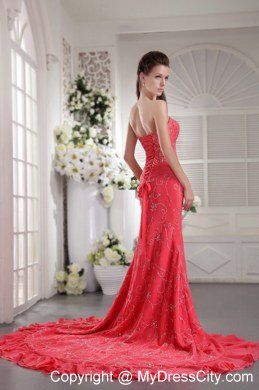 Sweetheart Court Train Appliques Coral Red Prom Dress