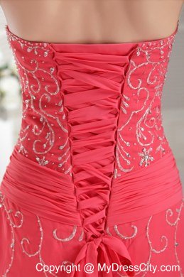 Sweetheart Court Train Appliques Coral Red Prom Dress