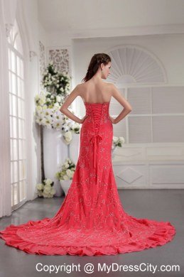 Sweetheart Court Train Appliques Coral Red Prom Dress