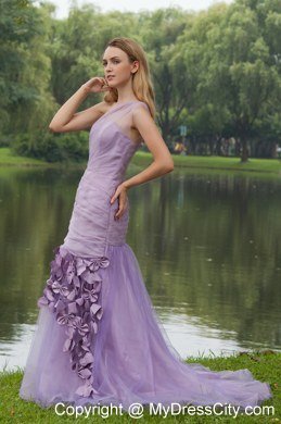 One Shoulder Brush Train Hand Flowers Prom Dress Lilac