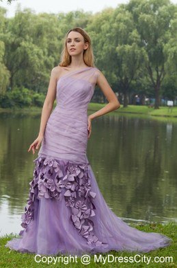 One Shoulder Brush Train Hand Flowers Prom Dress Lilac