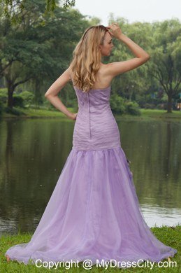 One Shoulder Brush Train Hand Flowers Prom Dress Lilac