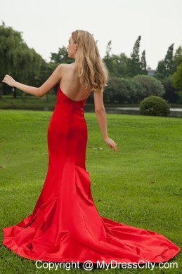 Red Mermaid Sweetheart Court Train Taffeta Prom Dress